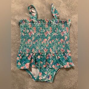 Janie and Jack Teal Ditsy Floral Baby Girl Swimsuit - 6-12 Months